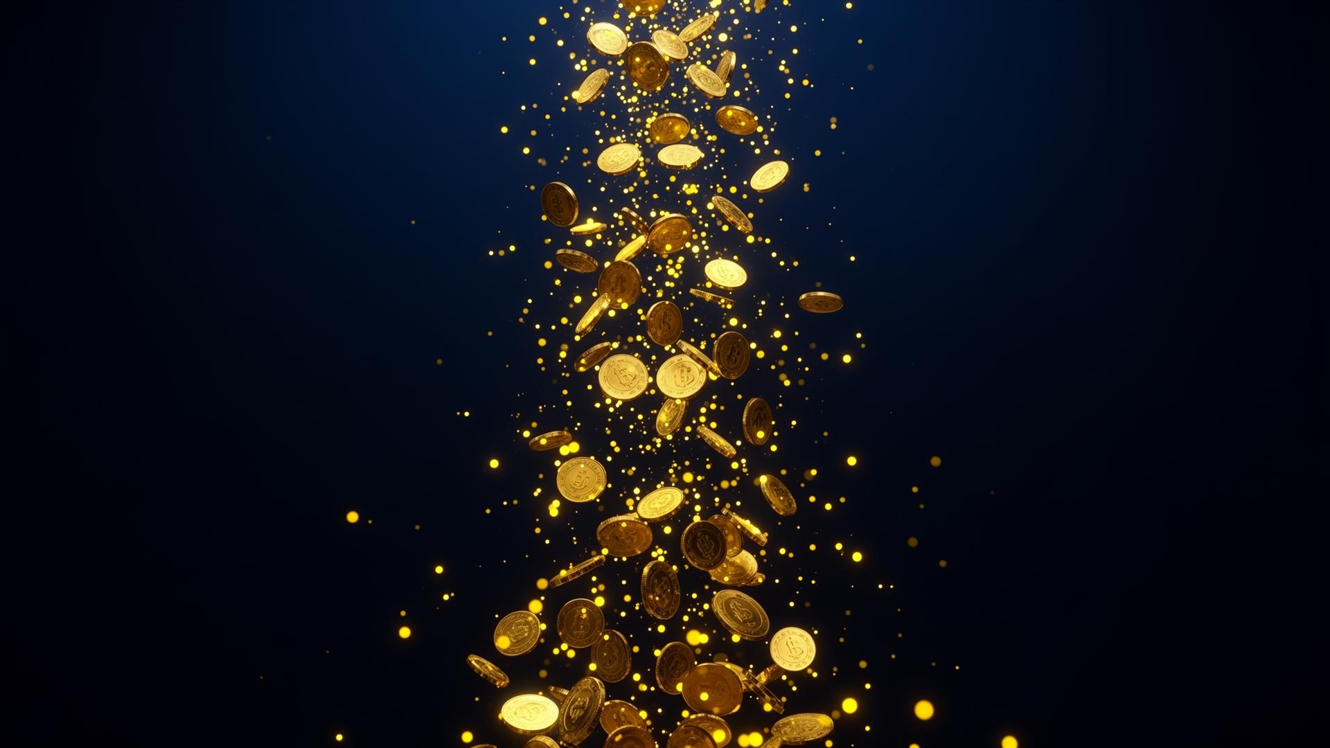 Golden coins falling through a dark navy space with light particles