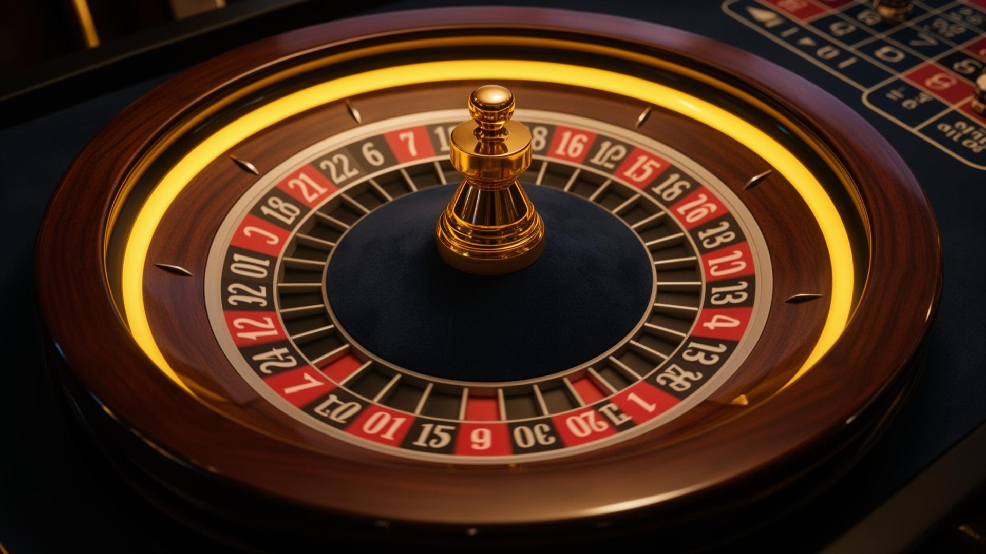 Overhead shot of a polished roulette wheel with warm yellow rim lighting