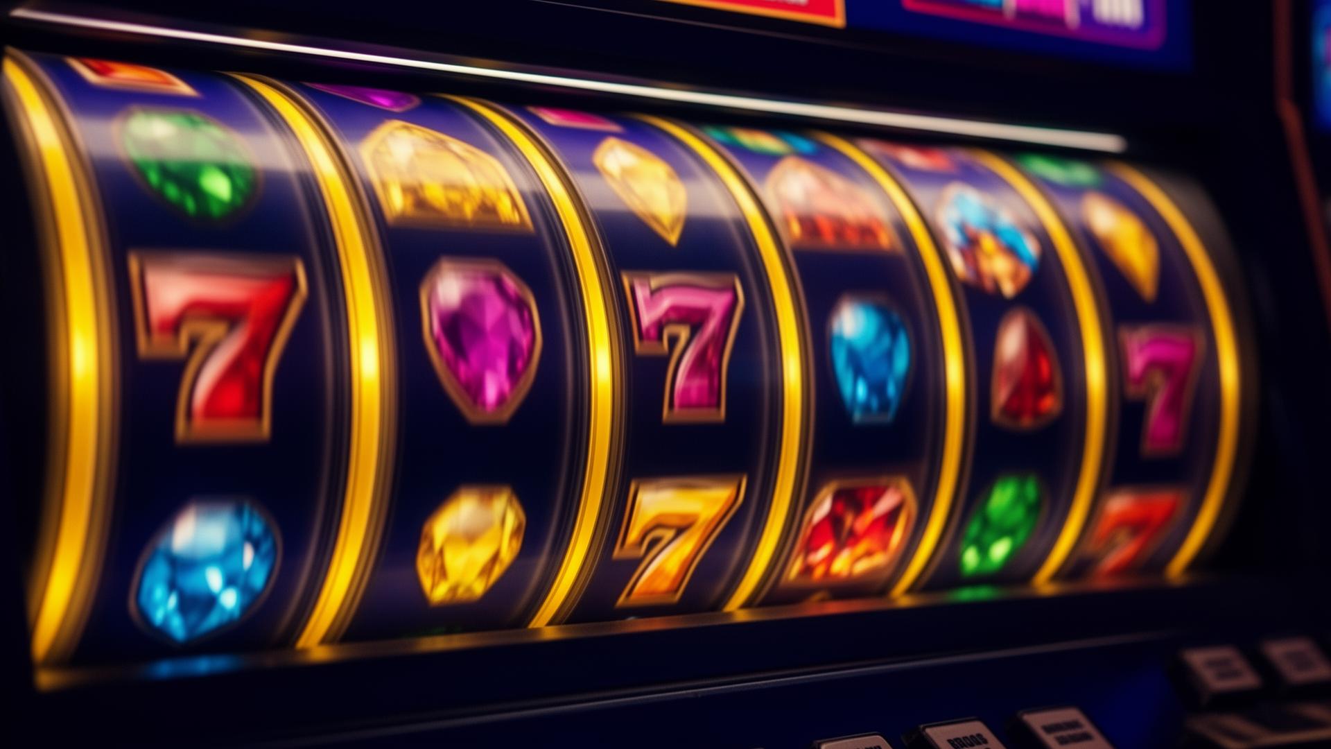 Close up of slot machine reels with jewel symbols and red sevens