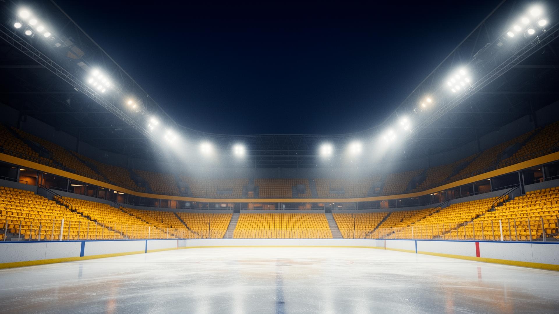 Empty floodlit indoor arena at night with rink ice in the foreground